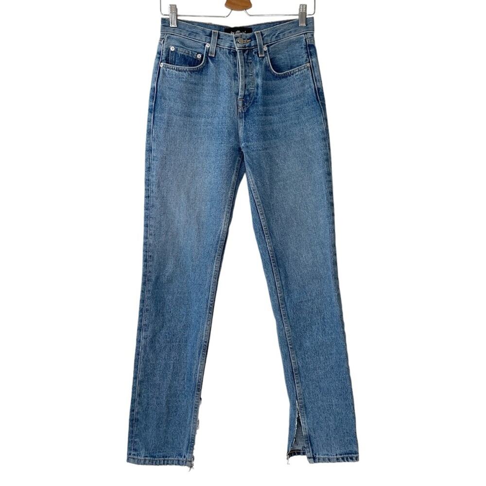 Jeu Illimité Medium Blue Slit Hem Straight Leg Button Fly Jeans - 25
